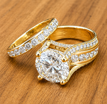 Load image into Gallery viewer, Round Shape Moissanites Engagement Ring Hidden Halo Design Wedding Ring And Matching Band 14K Solid Heavy Yellow Gold Bridal Ring 7.50ctw