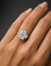 Load image into Gallery viewer, Cushion Cut Center And Trapezid Shape Sides Diamond Engagement Ring IGI Certified 14k Solid Yellow Gold Three Stone Style Ring 6.00ctw G-VS2
