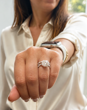 Load image into Gallery viewer, Cushion Cut And Round Cut Sides Simulated Diamonds Engagement Ring And Matching Band Halo Wedding Ring 14K Solid White Gold Bridal Set 3.00