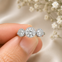Load image into Gallery viewer, Round Cut Diamond Engagement Ring Three Stone Style Antique Design IGI Certified 14k Solid White Gold Halo Bridal Wedding set 2.00ctw