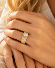 Load image into Gallery viewer, Round Cut Sides Simulated Diamonds Engagement Ring Hidden Halo Wedding Ring Bridal Propose Ring 14K Solid Yellow Gold 6.50ct