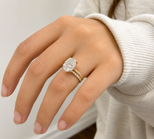 Load image into Gallery viewer, Oval Cut Simulated Diamonds And Round Cut Sides Engagement Ring And Matching Band Solitaire Wedding Set 5.30ctw Set In 14K Solid Yellow Gold
