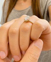 Load image into Gallery viewer, Oval Shape and Round Cut Sides Simulated Diamonds Engagement Ring Prong Set Wedding Ring Halo Style Bridal Ring 14K Solid Yellow Gold 2.50ct