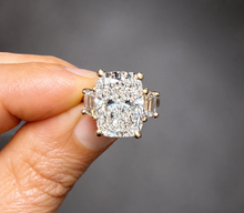 Load image into Gallery viewer, Cushion Cut Center And Trapezid Shape Sides Diamond Engagement Ring IGI Certified 14k Solid Yellow Gold Three Stone Style Ring 6.00ctw G-VS2