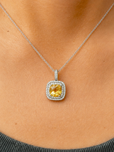 Load image into Gallery viewer, Round Cut Natural Yellow Citrine And Simulated Diamonds Dangling Earrings Double Halo Style Pendant And Chain Necklace 14K White Gold 2.50ct