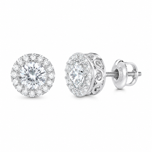 Load image into Gallery viewer, Round Cut Simulated Diamonds Studs Earrings Screw Backs Prong Set Halo Style In 14k Solid White Gold Gift For Her 1.40ctw