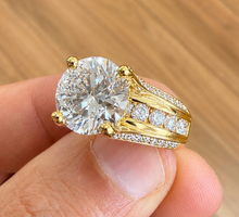 Load image into Gallery viewer, Round Cut Sides Simulated Diamonds Engagement Ring Hidden Halo Wedding Ring Bridal Propose Ring 14K Solid Yellow Gold 6.50ct