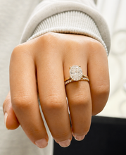 Load image into Gallery viewer, Oval Cut Simulated Diamonds And Round Cut Sides Engagement Ring And Matching Band Solitaire Wedding Set 5.30ctw Set In 14K Solid Yellow Gold