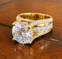 Load image into Gallery viewer, Round Cut Sides Simulated Diamonds Engagement Ring Hidden Halo Wedding Ring Bridal Propose Ring 14K Solid Yellow Gold 6.50ct