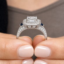 Load image into Gallery viewer, Asscher Cut and Round Cut Sides Simulated Diamonds and Sapphires Engagement Ring Halo Wedding Ring Bridal Ring 14K Solid White Gold 2.30ctw