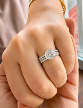 Load image into Gallery viewer, Round Cut Simulated Diamonds Engagement Ring And Two Matching Bands Set Halo Wedding Set Prong Set Propose Bridal Set 14K White Gold 3.70ct