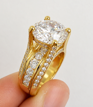 Load image into Gallery viewer, Round Cut Sides Simulated Diamonds Engagement Ring Hidden Halo Wedding Ring Bridal Propose Ring 14K Solid Yellow Gold 6.50ct