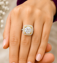 Load image into Gallery viewer, Cushion Cut And Round Cut Moissanite Engagement Ring Set Double Halo Wedding Bridal Set 14K Solid White and Yellow Gold 6.50ctw