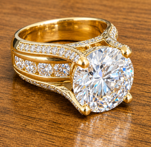 Load image into Gallery viewer, Round Cut Sides Simulated Diamonds Engagement Ring Hidden Halo Wedding Ring Bridal Propose Ring 14K Solid Yellow Gold 6.50ct