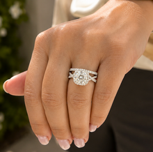 Load image into Gallery viewer, Cushion Cut And Round Cut Sides Simulated Diamonds Engagement Ring And Matching Band Halo Wedding Ring 14K Solid White Gold Bridal Set 3.00