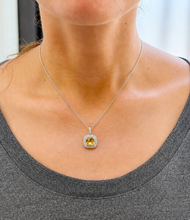 Load image into Gallery viewer, Round Cut Natural Yellow Citrine And Simulated Diamonds Dangling Earrings Double Halo Style Pendant And Chain Necklace 14K White Gold 2.50ct