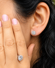 Load image into Gallery viewer, Round Cut Simulated Diamonds Studs Earrings Screw Backs Prong Set Halo Style In 14k Solid White Gold Gift For Her 1.40ctw