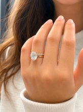 Load image into Gallery viewer, Oval Cut Simulated Diamonds And Round Cut Sides Engagement Ring And Matching Band Solitaire Wedding Set 5.30ctw Set In 14K Solid Yellow Gold