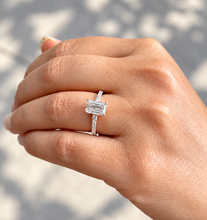Load image into Gallery viewer, Emerald Cut Moissanite Center And Baguettes Cut Sides Engagement Ring Prong Set Style In 14k White or Yellow Gold Bridal Wedding Ring 2.30ct