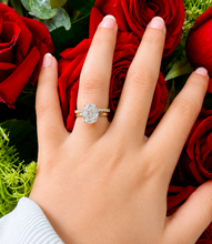 Load image into Gallery viewer, Oval Cut Simulated Diamonds And Round Cut Sides Engagement Ring And Matching Band Solitaire Wedding Set 5.30ctw Set In 14K Solid Yellow Gold