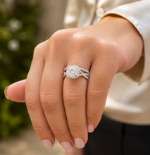 Load image into Gallery viewer, Cushion Cut And Round Cut Sides Simulated Diamonds Engagement Ring And Matching Band Halo Wedding Ring 14K Solid White Gold Bridal Set 3.00