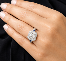Load image into Gallery viewer, Asscher Cut and Round Cut Sides Simulated Diamonds and Sapphires Engagement Ring Halo Wedding Ring Bridal Ring 14K Solid White Gold 2.30ctw