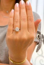 Load image into Gallery viewer, Oval Shape and Round Cut Sides Simulated Diamonds Engagement Ring Prong Set Wedding Ring Halo Style Bridal Ring 14K Solid Yellow Gold 2.50ct