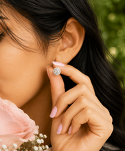 Load image into Gallery viewer, Round Cut Simulated Diamonds Studs Earrings Screw Backs Prong Set Halo Style In 14k Solid White Gold Gift For Her 1.40ctw