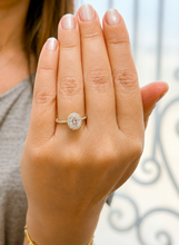 Load image into Gallery viewer, Oval Shape and Round Cut Sides Simulated Diamonds Engagement Ring Prong Set Wedding Ring Halo Style Bridal Ring 14K Solid Yellow Gold 2.50ct