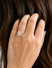 Load image into Gallery viewer, Oval Shape and Round Cut Sides Simulated Diamonds Engagement Ring Prong Set Wedding Ring Halo Style Bridal Ring 14K Solid White Gold 2.50ctw