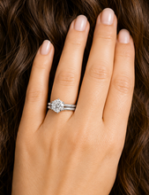 Load image into Gallery viewer, Solitaire Round Cut Simulated Diamonds Engagement Ring And Band Six Prong Set 7.0mm Wedding Ring Set 14K Solid White Gold Bridal Set 1.20ct