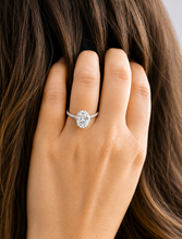 Load image into Gallery viewer, Oval Shape and Round Cut Sides Simulated Diamonds Engagement Ring Prong Set Wedding Ring Halo Style Bridal Ring 14K Solid White Gold 2.50ctw