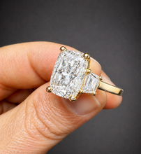 Load image into Gallery viewer, Cushion Cut Center And Trapezid Shape Sides Diamond Engagement Ring IGI Certified 14k Solid Yellow Gold Three Stone Style Ring 6.00ctw G-VS2