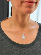 Load image into Gallery viewer, Cushion Cut Simulated Diamond Filigree Double Halo Style Necklace And Chain Halo Pendant Wedding Gift For Her 14k Solid White Gold 2.50ct