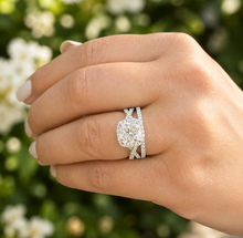 Load image into Gallery viewer, Cushion Cut And Round Cut Sides Simulated Diamonds Engagement Ring And Matching Band Halo Wedding Ring 14K Solid White Gold Bridal Set 3.00