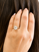 Load image into Gallery viewer, Oval Shape and Round Cut Sides Simulated Diamonds Engagement Ring Prong Set Wedding Ring Halo Style Bridal Ring 14K Solid Yellow Gold 2.50ct