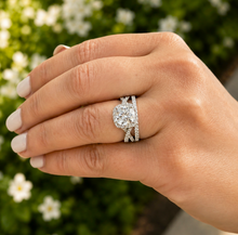 Load image into Gallery viewer, Cushion Cut And Round Cut Sides Simulated Diamonds Engagement Ring And Matching Band Halo Wedding Ring 14K Solid White Gold Bridal Set 3.00