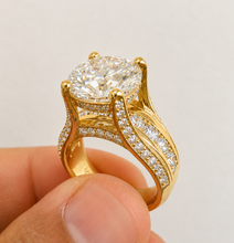 Load image into Gallery viewer, Round Cut Sides Simulated Diamonds Engagement Ring Hidden Halo Wedding Ring Bridal Propose Ring 14K Solid Yellow Gold 6.50ct