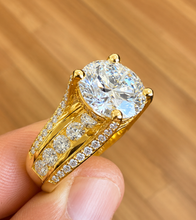 Load image into Gallery viewer, Round Cut Sides Simulated Diamonds Engagement Ring Hidden Halo Wedding Ring Bridal Propose Ring 14K Solid Yellow Gold 6.50ct