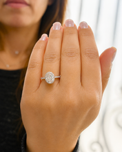 Load image into Gallery viewer, Oval Shape and Round Cut Sides Simulated Diamonds Engagement Ring Prong Set Wedding Ring Halo Style Bridal Ring 14K Solid White Gold 2.50ctw