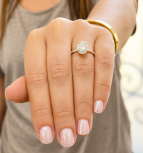 Load image into Gallery viewer, Oval Shape and Round Cut Sides Simulated Diamonds Engagement Ring Prong Set Wedding Ring Halo Style Bridal Ring 14K Solid Yellow Gold 2.50ct