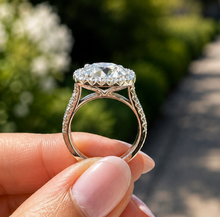 Load image into Gallery viewer, Round Cut Simulated Diamonds Engagement Ring 14K Solid White Gold Halo Split Shank Design Wedding Bridal Ring 5.70ctw