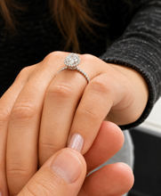 Load image into Gallery viewer, Oval Shape and Round Cut Sides Simulated Diamonds Engagement Ring Prong Set Wedding Ring Halo Style Bridal Ring 14K Solid White Gold 2.50ctw