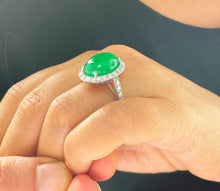 Load image into Gallery viewer, 14k solid white gold oval cut Natural Jade and round cut natural diamond deco style engagement halo ring 8.00ctw
