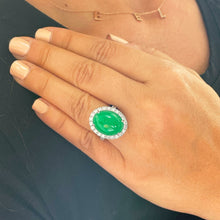 Load image into Gallery viewer, 14k solid white gold oval cut Natural Jade and round cut natural diamond deco style engagement halo ring 8.00ctw