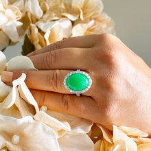 Load image into Gallery viewer, 14k solid white gold oval cut Natural Jade and round cut natural diamond deco style engagement halo ring 8.00ctw