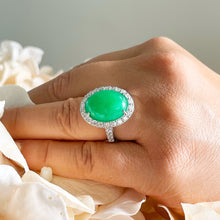Load image into Gallery viewer, 14k solid white gold oval cut Natural Jade and round cut natural diamond deco style engagement halo ring 8.00ctw