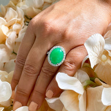 Load image into Gallery viewer, 14k solid white gold oval cut Natural Jade and round cut natural diamond deco style engagement halo ring 8.00ctw