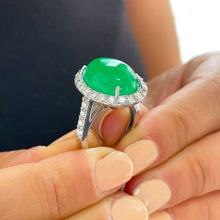 Load image into Gallery viewer, 14k solid white gold oval cut Natural Jade and round cut natural diamond deco style engagement halo ring 8.00ctw