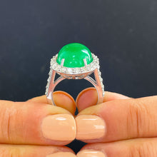 Load image into Gallery viewer, 14k solid white gold oval cut Natural Jade and round cut natural diamond deco style engagement halo ring 8.00ctw